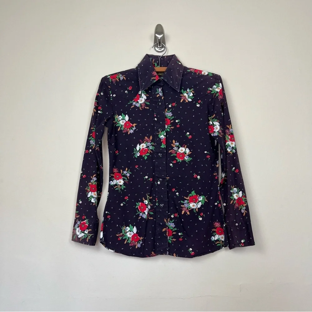 vintage 1950s western shirt black pearl snaps floral print dagger collar hippie - Picture 2 of 14